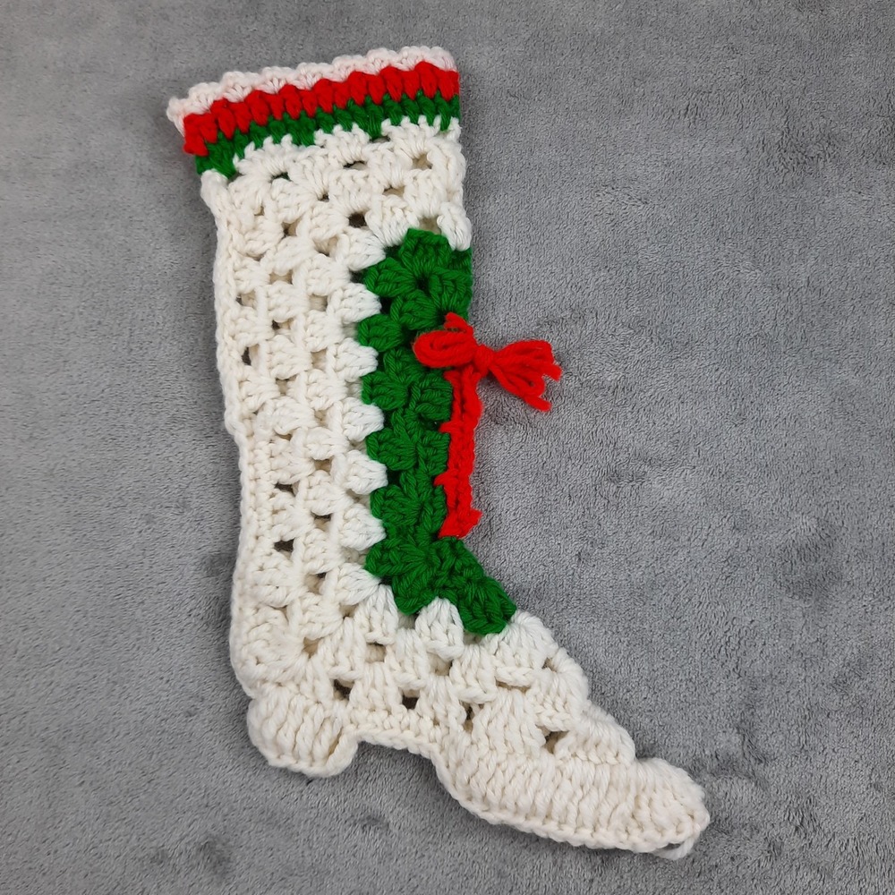 Vintage Handmade Crochet Christmas Stocking Victorian Style Boot Dickens Holiday